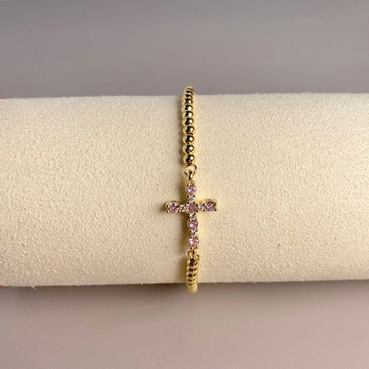 PULSERA CRUZ CIRCONES ROSA
