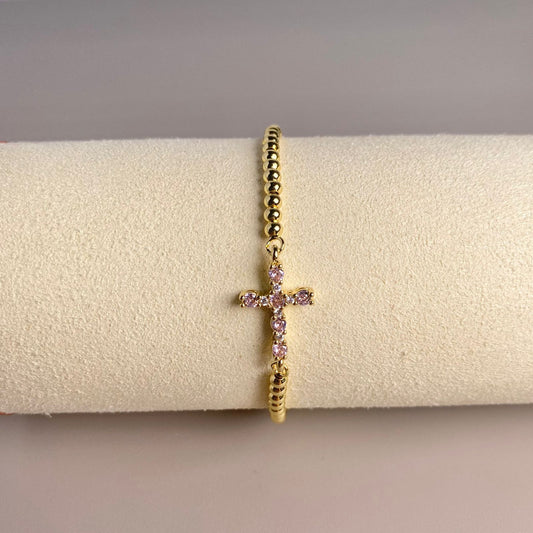 PULSERA CRUZ CIRCONES ROSA